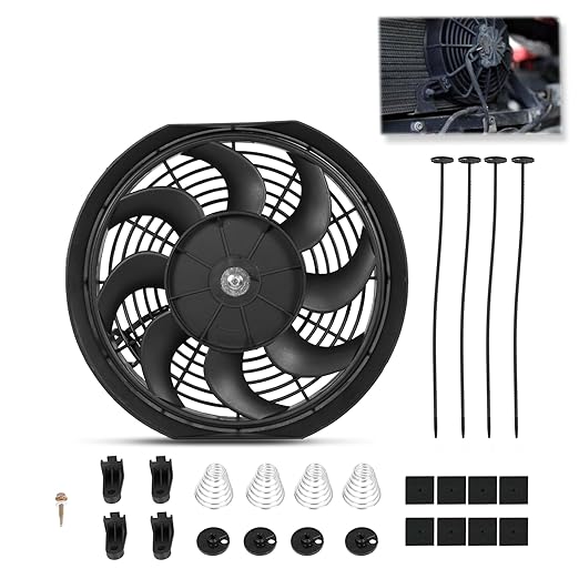Universal 12 Inch Black Slim Radiator Cooling Fan 12V 80W Push Pull with Mount Kit – Fits Radiators for Vehicles, Cars, Trucks