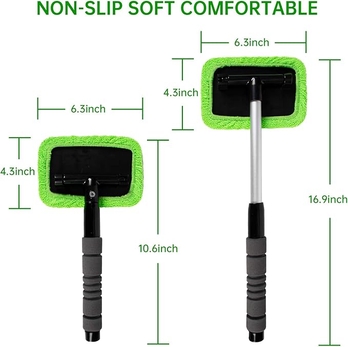 XINDELL Windshield Cleaning Tool for Car – Extendable Handle Window Cleaner with Reusable Microfiber Pads, Streak-Free Interior & Exterior Auto Glass Cleaner (Green)