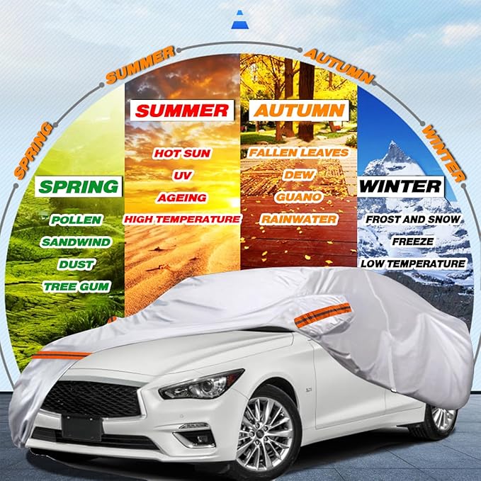 TUCAREST 6 Layers Full Car Cover for Sedan/Wagon/Coupe/Hatchback - Waterproof, Insulated, Anti-UV, Snow-Proof, Anti-Wind, All-Weather, Thickened Protection, up to 198 in