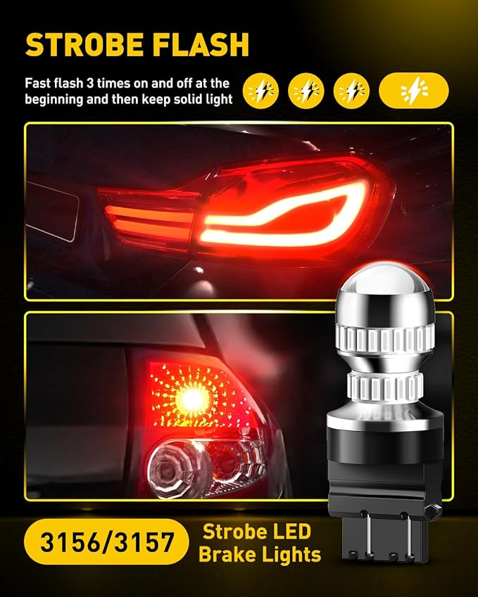 AUXITO T25 3156 3157 LED Strobe Brake Lights Bulbs, Red Flashing Stop Light, Super Bright 3056 3057 3047 3155 3457 4057 4117 4157 Flashing Strobe Blinking LED Tail Light Bulbs, Pack of 2