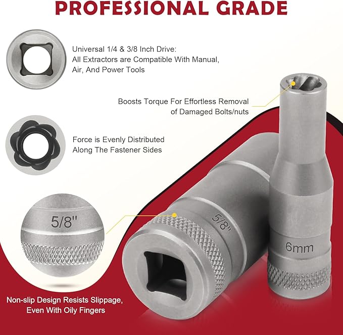 33mm Deep Reach Bolt Extractor Kit, with 3/8, 1/4 Inch Adapter, Ez Out Deep Broken Lug Nut Removal Socket Set, Easy-Out Spark Plug Remover Tool, for Stripped Rusted Bolts, Stud, Nuts Screw (32-Pieces)