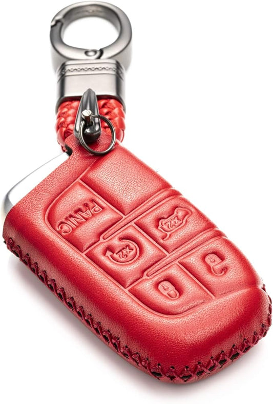 Vitodeco Genuine Leather Smart Key Keyless Remote Entry Fob Case Cover Compatible for Jeep, Dodge, Chrysler (2014 - 2022 Models) - 3 to 5 Buttons, Red