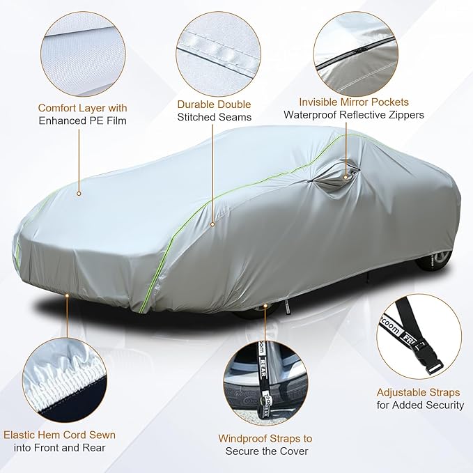Tecoom Car Cover Waterproof All Weather, Windproof UV Sun Rain Snow Protection Outdoor Full Cover with Top Reflective Strip, Door Zipper, Fit for Coupe/Convertible/Sport Cars (173-182 Inches)