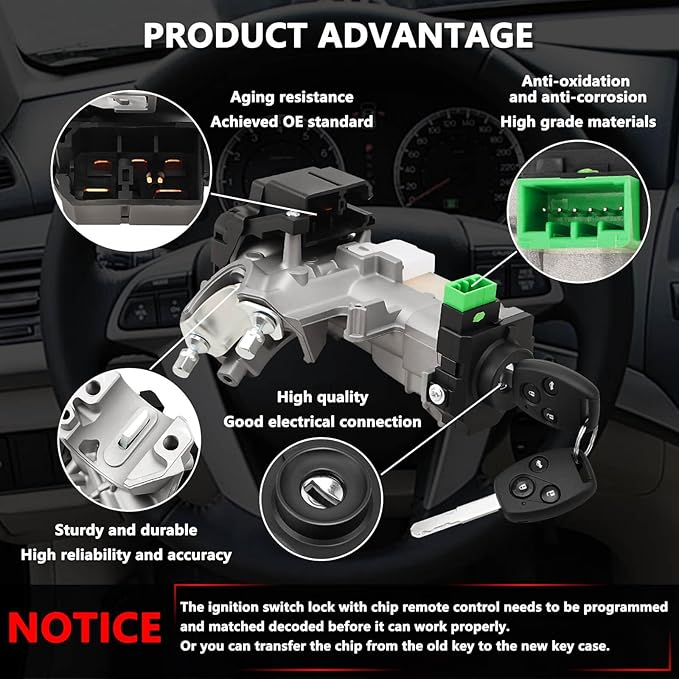 RAMATA 06351-TE0-A11 Ignition Switch Lock Cylinder with Key (with Blank Chip) Compatible with 2008 2009 2010 2011 2012 Honda Accord (Ignition Chip: 46,Frequency: 433mHz)