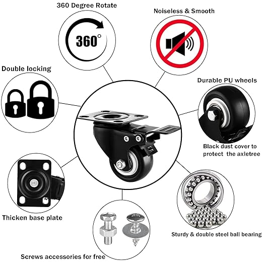 1.5" Casters Set of 20 Heavy-Duty Industrial Caster Wheels with Brake PU No Noise Wheels Double Locking and Double Ball Bearing Swivel Locking Casters for Workbench, Furniture, Plate Castors Black