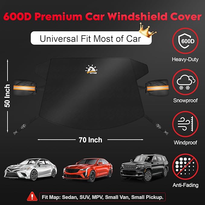 Zettum Car Windshield Cover for Ice and Snow - 600D Windshield Snow Cover with Side Mirror Cover Heavy Duty, Standard Winter Frost Hail Protector for Most Car, Truck, SUV, Van and MPV (70 x 50 Inch)