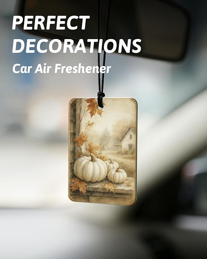 Vintage Fall Pumpkin Car Air Freshener 4 Pcs, Rustic Farmhouse White Pumpkins Flower Hanging Air Freshener for Cars Closet Drawer Books, Retro Fall Car Accessories Mirror Decor for Women