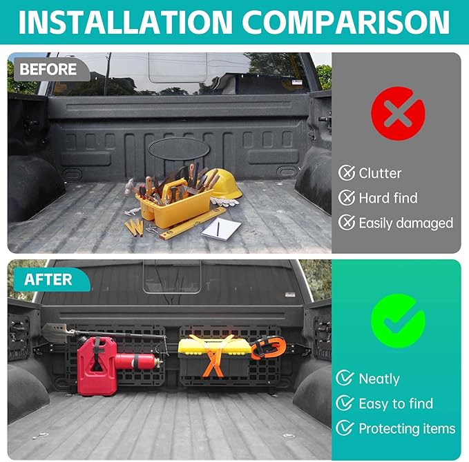 Front Truck Bed Molle Panel Rack System Compatible with 2015-2025 Ford F150 / Raptor Accessories 5.5FT Cargo Storage Organizer Tools Rack Fit for 2015-2025 F-150 Accessories (Not for 6.5FT)