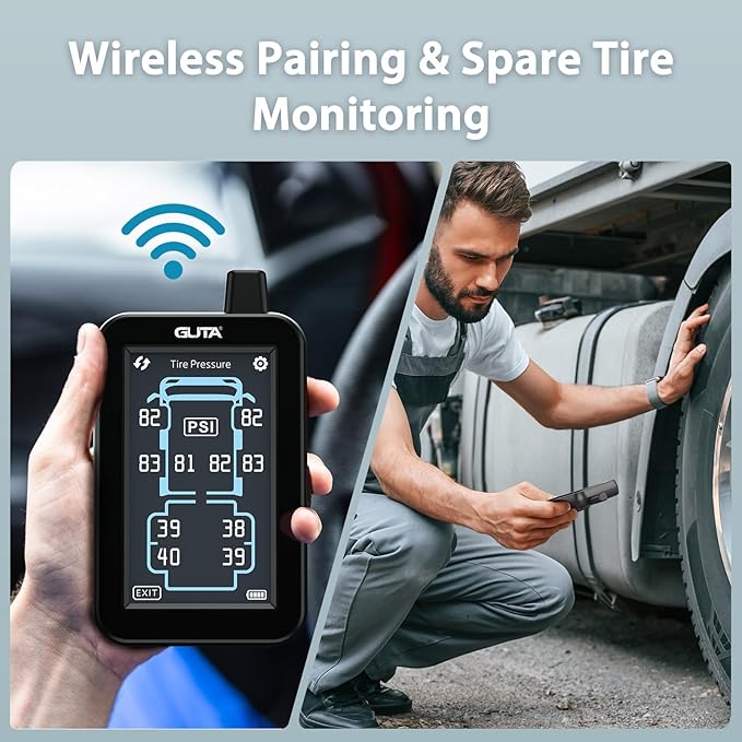 GUTA RV Tire Pressure Monitoring System, Tire Pressure Monitor System with 4.3" Touchscreen Color LCD Display, TPMS with 4 Sensors & 6 Alarm Modes, Signal Booster, 0-188PSI for RV/Trailer/5th Wheel