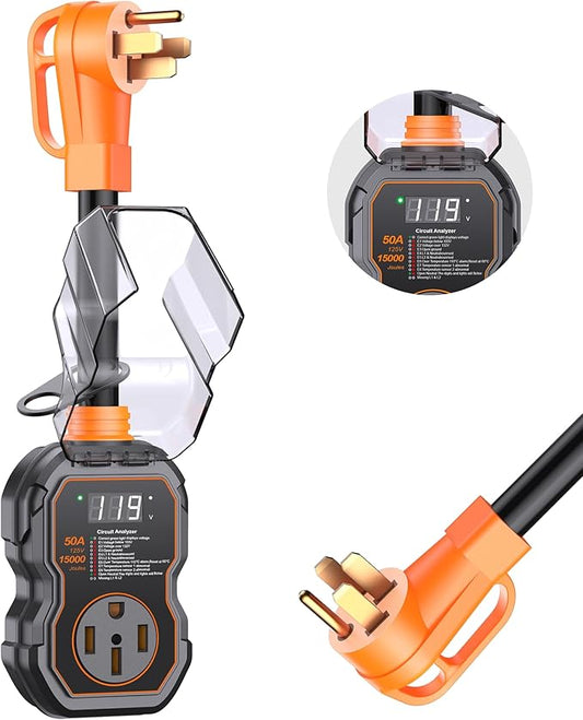 GEARGO RV Surge Protectors 50 Amp with Smart LED Display, 15000 Joules RV Circuit Analyzer Waterproof with High/Low Voltage Protection, RV Adapter Plug for Camper