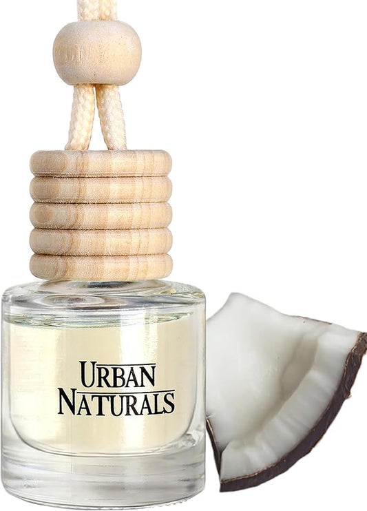 Urban Naturals Car Air Freshener Diffuser 1 Pack - Mahogany Coconut Scent, 45+ Days Long Lasting Fragrance, Made in USA, Glass & Wood, Hanging Design + Vent Cip, Easy to Use