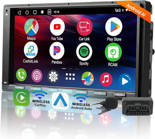 Android Double Din Car Stereo with OBD2 Scanner, A6PF Ultra 2G+32G 7" Wireless CarPlay & Android Auto Radio with ChatGPT, WiFi/BT/USB, Mirrorlink, 36-Band EQ, GPS Tracker, Dual Bluetooth