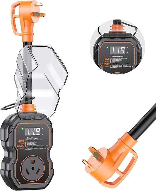 GEARGO RV Surge Protectors 30 Amp with Smart LED Display, 12000 Joules RV Circuit Analyzer Waterproof with High/Low Voltage Protection, RV Adapter Plug for Camper