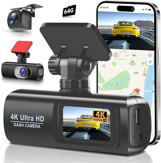 Dash Cam 4K Front and Rear Full HD Dash Camera for Cars, Included 64GB Card, Built-in WiFi, 1.47" IPS ScreenLoop Recording, G-Sensor, Night Vision, Parking Mode