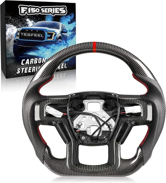 Carbon Fiber Heated Steering Wheel for Ford F-150 2015–2020, Includes Decorative Trim Piece, D-Shaped Flat-Bottom, Hand-Stitched Nappa Grip, for F-150 Models Without Paddle Shifters