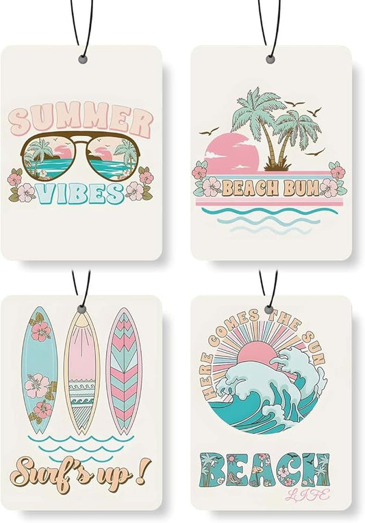Beach - Themed Car Air Freshener 4 Pcs, Retro Summer Vibes Hanging Air Freshener for Cars Closet Drawer Books, Car Accessories Mirror Decor for Beach Lovers.