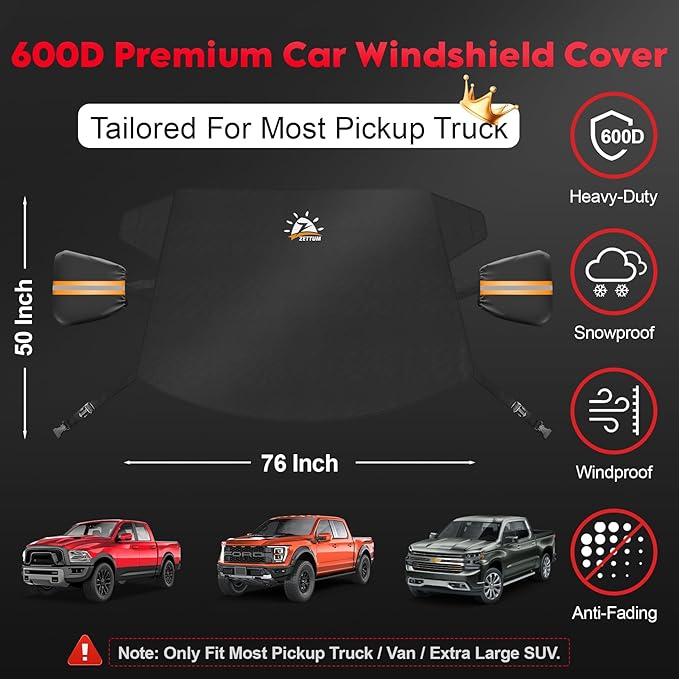 Zettum Truck Windshield Cover for Ice and Snow - 600D Large Windshield Snow Cover for Pickup Truck Heavy Duty, Winter Car Windshield Covers for Ford F150, Silverado, GMC Sierra, Ram, Van, and More