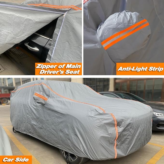 TUCAREST 6-Layers PEVA Premium Full Car Cover Fit for Pickup Sedan hatchback SUVs MPV Rain and snow protection, sun protection, UV protection, and protection of car paint surfaces-Silver Grey -Up 206"