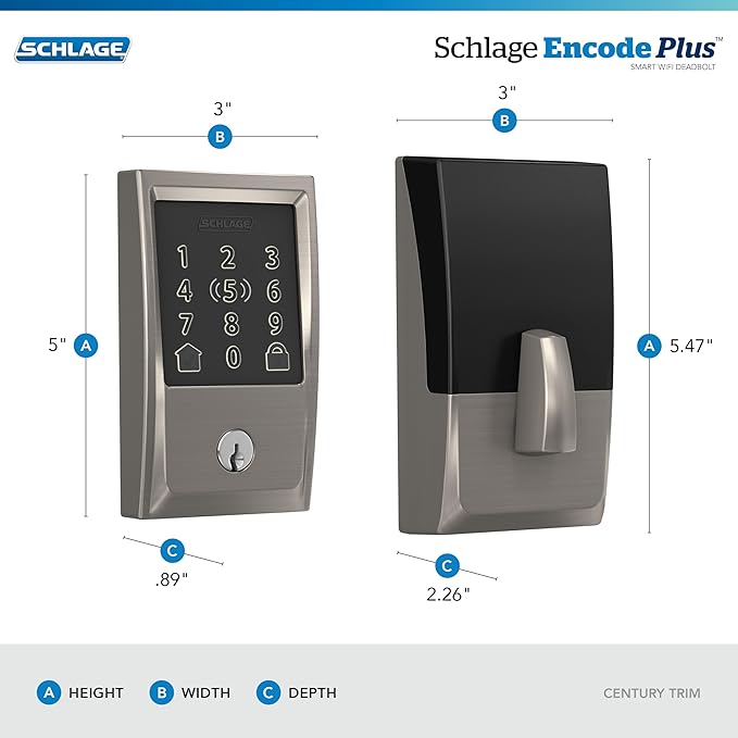 Schlage BE499WB CEN 619 Encode Plus WiFi Deadbolt Smart Lock, Keyless Entry Touchscreen Door Lock with Century Trim, Satin Nickel