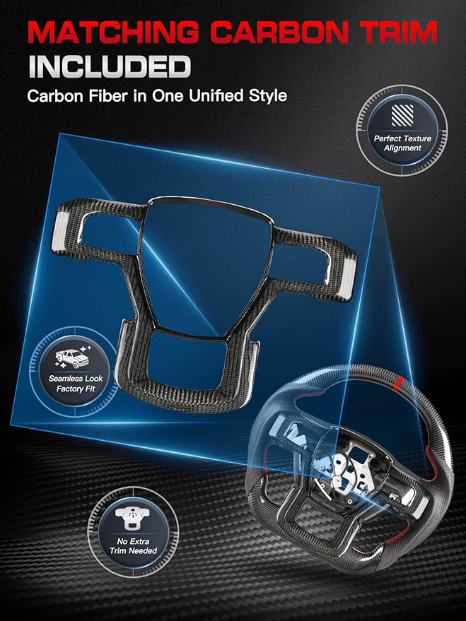 Carbon Fiber Heated Steering Wheel for F-150 Raptor 2017–2020, D-Shaped Flat-Bottom, with Matching Decorative Trim Piece, Hand-Stitched Nappa Grip, for Raptor with Paddle Shifters Models