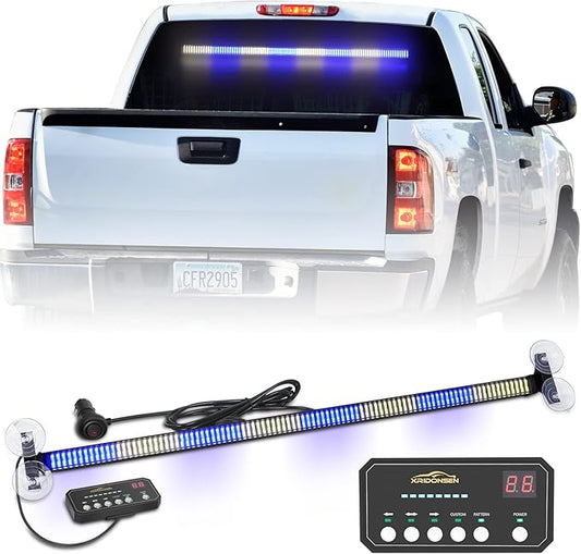 XRIDONSEN 35 inch Traffic Advisor Light Bar 144 LED Blue White Emergency Warning Flashing Safety Interior Windshield strobe Police Lights w/Directional Arrow for Law Enforcement Vehicles Trucks