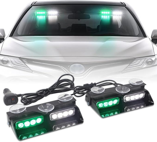 XRIDONSEN 2 in 1 Green White Dash Emergency Strobe Lights Interior Windshield Warning Safety Flashing Lights w/Suction Cups for Construction Vehicles, Truck (2×7.16 inch, 16 LED)