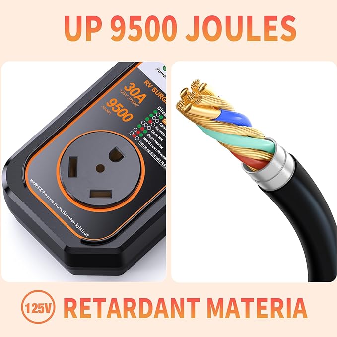 GEARGO RV Surge Protector 30 Amp, 9500 Joules RV Circuit Analyzer, IP68 Surge Voltage Protection, RV Adapter Plug for Camper (Orange)