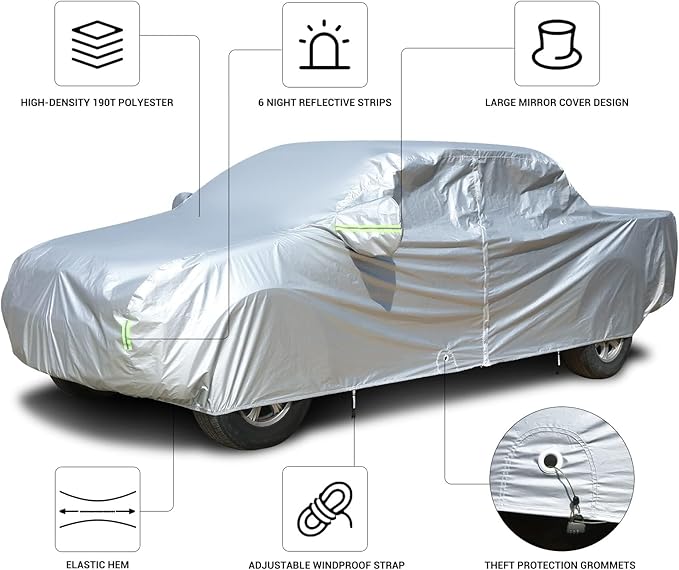 Tecoom Truck Car Cover Waterproof All Weather with Door Zipper & Lock, Light Shell UV Dust Sun Snow Protection, Universal Fit for Dodge Trucks (Length Up to 245 Inches)