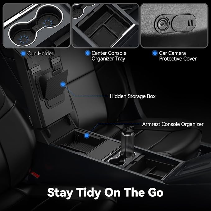 Upgraded Center Console Organizer Tray for Tesla Model Y Juniper Accessories 2025 2026/ for Tesla Model 3 Accessories 2025 Highland, Hidden Storage Box, Cup Holder, [Shockproof, No-Noise], 5PCS