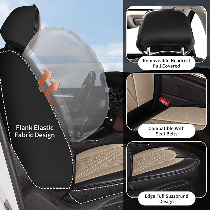 YORKNEIC Car Seat Covers Front Set fit for Jeep Grand Cherokee 2005-2025 2026, Waterproof Faux Leather Seat Covers Ergonomic Comfort Easy Install (2 Front Set, Black&Beige)