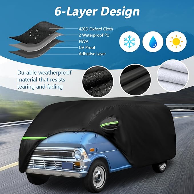 Waterproof Car Covers for 1961-1974 Falcon Club Wagon E-100,Econoline E-100 Van,420D Oxford Cloth Sun Heat Protection Outdoor Full Covers with Driver Side Zipper Windproof Heavy Duty All Weather