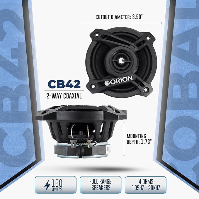 ORION Cobalt Series CB42 4” 2-Way Coaxial Car Speakers, 160W, 4 Ohms, Full Range, Enhanced Bass, Polypropylene Cone & Butyl Rubber Surround, Easy Install (Pair)