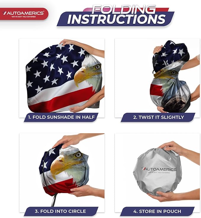 Autoamerics 1-Piece Windshield Sun Shade American Eagle Flag - 2 USA Patriotic Design - Foldable Car Front Window Sunshade for Sedans SUV Truck - Blocks Max UV Rays and Keeps Your Vehicle Cool Medium