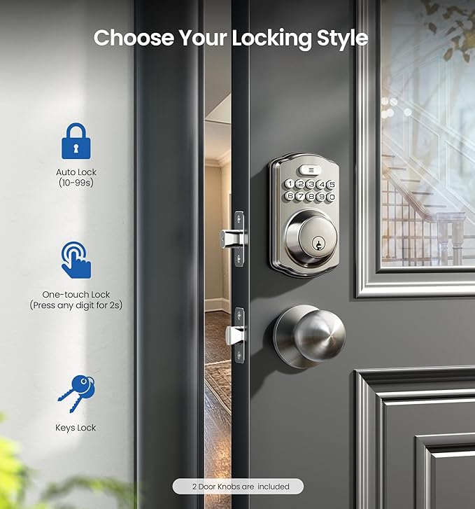 Veise Keyless Entry Door Lock with 2 Knobs, Electronic Backlit Keypad Deadbolt with Handle Set, Auto Lock, One-time Codes, Smart Deadbolt for Front Door, Easy Installation, Satin Nickel