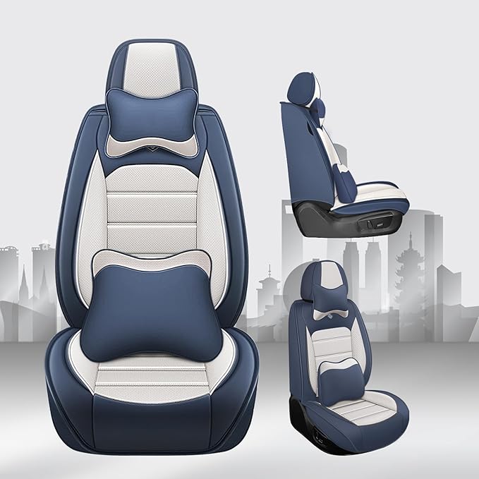 JOJ Car Seat Covers Fit for Chevrolet Tahoe 1997-2022,7 Seat Car Seat Cover,No-Slip Waterproof Breathable Faux Leather,Full Set with Pillow Steering Wheel Covers,Cream Blue