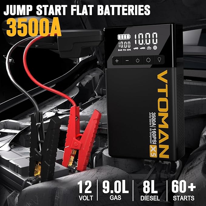 VTOMAN X5 Jump Starter with Air Compressor, 3500A Portable Car Battery Booster (Up to 9L Gas/8L Diesel Engines) with 160PSI Digital Tire Inflator, 12V Lithium Battery Jump box with Type-C Quick Charge