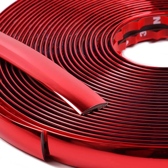 16Ft Chrome Red Car Motor Bike Self-Adhesive Exterior and Interior Molding Trim Universal Dashboard Bumper Window Door Body Side Decorative Strip Scratch-Proof (Width: 1/4 inch (6mm))
