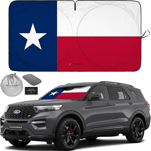 Autoamerics 1-Piece Windshield Sun Shade American Texas Flag USA Patriotic Design - Foldable Car Front Window Sunshade for Sedans SUV Truck - Blocks Max UV Rays and Keeps Your Vehicle Cool - Medium