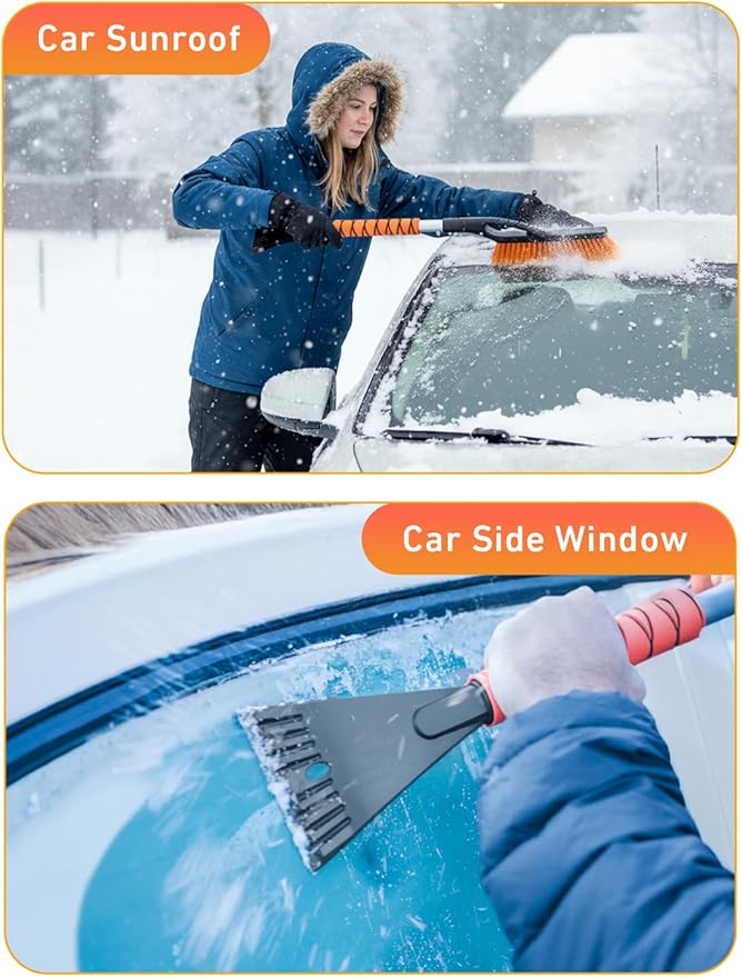 EcoNour 27" Aluminum Snow Brush with Ice Scrapers for Car Windshield and Window | Car Snow Scraper and Brush with Ergonomic Foam Grip Winter Accessories (Orange, Red, Green) (3 Pack)