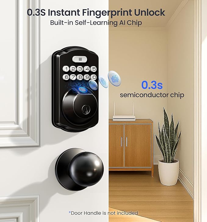 Veise VE012W Built-in WiFi Fingerprint Smart Lock, App Remote Control, No Hub Needed, Keyless Entry, Front Door Smart Deadbolt, Digital Keypad, Auto Lock, IP55 Waterproof, BHMA Grade 3, Matte Black