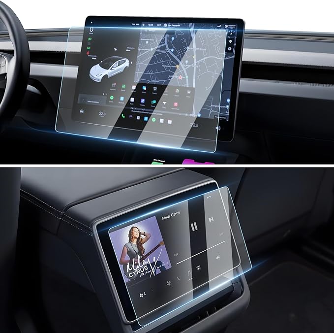 [Upgrade] 2 Pack Tesla New Model Y Juniper 2025~2026 / 2024~2025 2026 Model 3 Highland Screen Protector [No Glare & Fingerprint] 15.4-Inch Front & 8-Inch Rear Touchscreen Tempered Glass Protector Accessories
