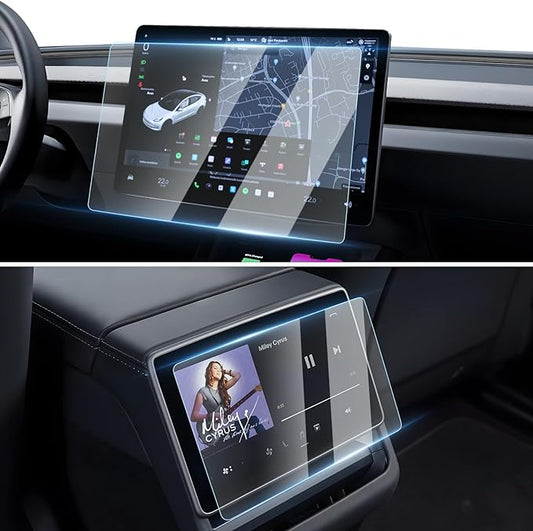 [Upgrade] 2 Pack Tesla New Model Y Juniper 2025~2026 / 2024~2025 2026 Model 3 Highland Screen Protector [No Glare & Fingerprint] 15.4-Inch Front & 8-Inch Rear Touchscreen Tempered Glass Protector Accessories