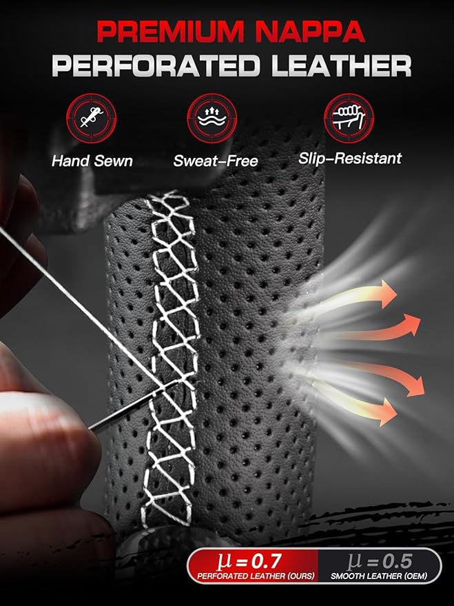 Carbon Fiber Steering Wheel for F150 2015-2020 with Accent Trim Piece White Stripe&Stitching Black Nappa Leather D-shaped Flat-bottom Steering Wheel for F150 without Paddle Shifter Models