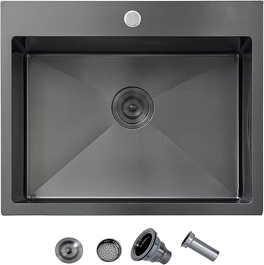 20 Inch Drop In Kitchen Sink Black, 20 x 16 Gunmetal Black Stainless Steel Single Bowl Top Mount Drop In Bar Wet Prep RV Outdoor Kitchen Sink, 16 Gauge Brushed Nickel