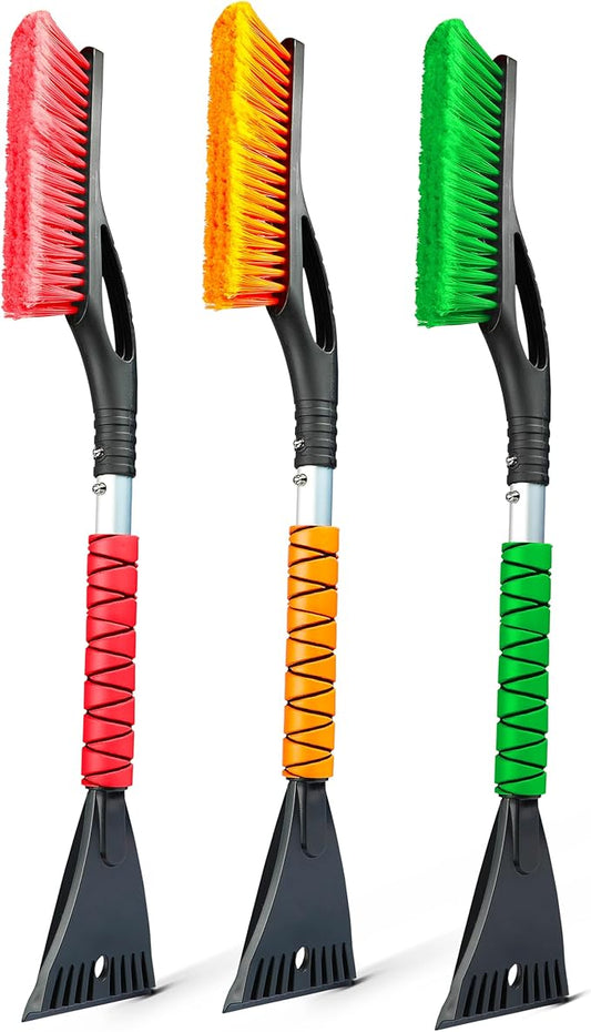 EcoNour 27" Aluminum Snow Brush with Ice Scrapers for Car Windshield and Window | Car Snow Scraper and Brush with Ergonomic Foam Grip Winter Accessories (Orange, Red, Green) (3 Pack)