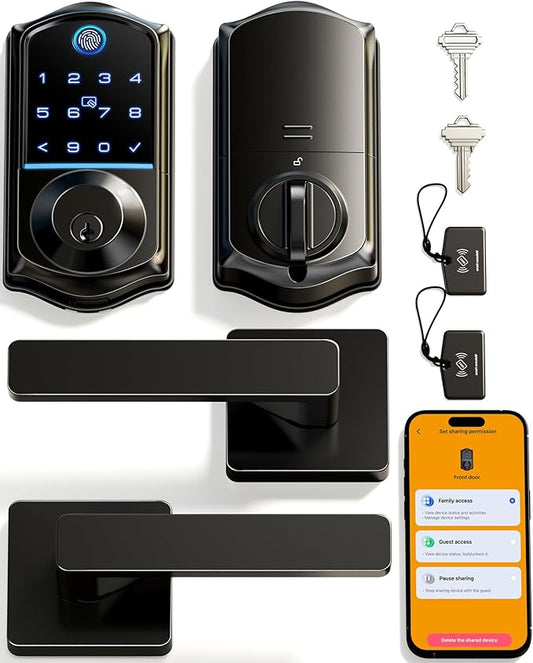 Veise VE017-B Fingerprint Smart Lock for Front Door, App Control, 7-in-1 Keyless Entry Deadbolt with 2 Zinc Alloy Lever Handles Set, Emergency Power Port, Auto Lock, Electronic Keypad, Black