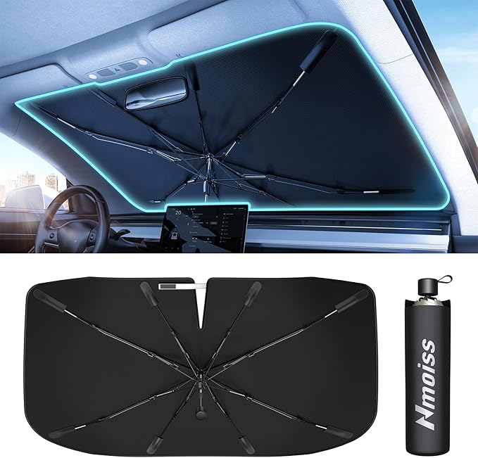 Windshield Sunshade Umbrella – Fit for BMW 3 Series, Premium Vinyl Coating Heat Shield, Ice Crystal Cooling Fabric, Spring Edge Design, Protect Dashboard & Interior from UV & Heat