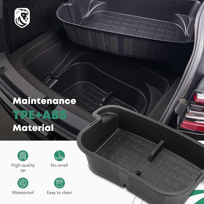 YHTAUTO Rear Trunk Organizer Compatible with Tesla Model Y 2020-2024 (For 5-Seater Only) Accessories, Waterproof Trunk Storage Bins Organizer Upper & Lower Dual Layer Rear Trunk Storage Box - Black