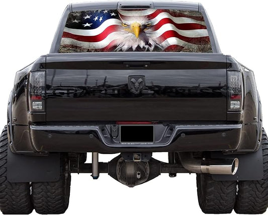 GRAPHIX EXPRESS Truck Back Window Graphics - Bald Eagle American Flag Decal (P534) - USA Flag with Eagle - Universal See Through Rear Window Vinyl Wrap - Full Window Decals for Trucks