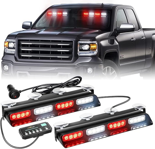 XRIDONSEN Emergency Dash Strobe Lights Safety Flashing Warning Hazard Interior Front/Rear Windshield Deck Split Lights for Volunteer Firefighter Vehicles Trucks (2x14 inch, Red White)